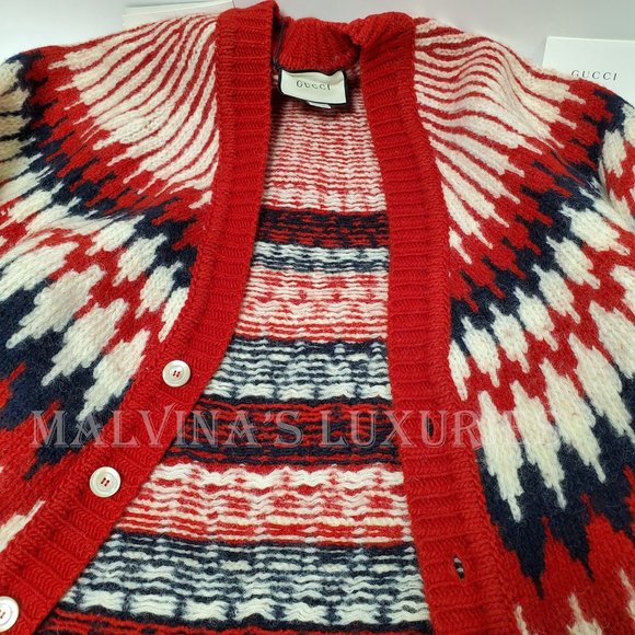 GUCCI MENS SWEATER ZIGZAG JACQUARD THICK WOOL KNITTED CARDIGAN sz M Medium - Picture 8 of 16